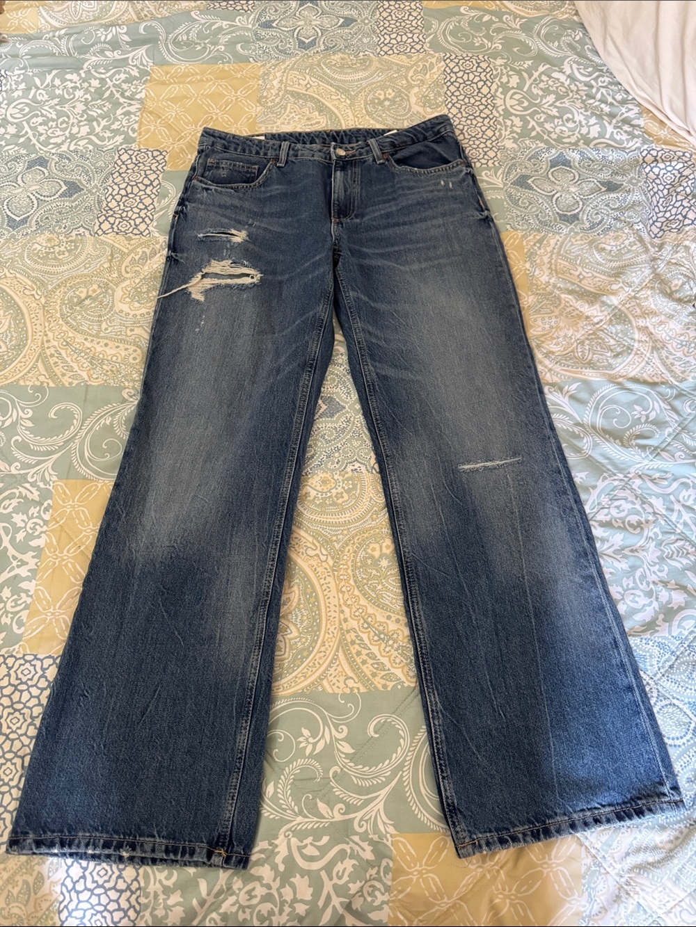 Zara Dark Blue Distressed Wide-Leg Jeans